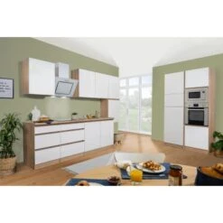 Respekta Premium Küchenzeile Grifflos 385 Cm Weiß Hochglanz-Eiche Sägerau -Küchenblick Verkaufsgeschäft 020 Doppelblockgeschlossen 1