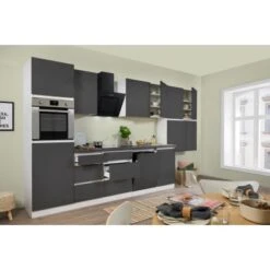 Respekta Küchenzeile GLRP380HWG Grifflos 380 Cm Grau Hochglanz-Weiß